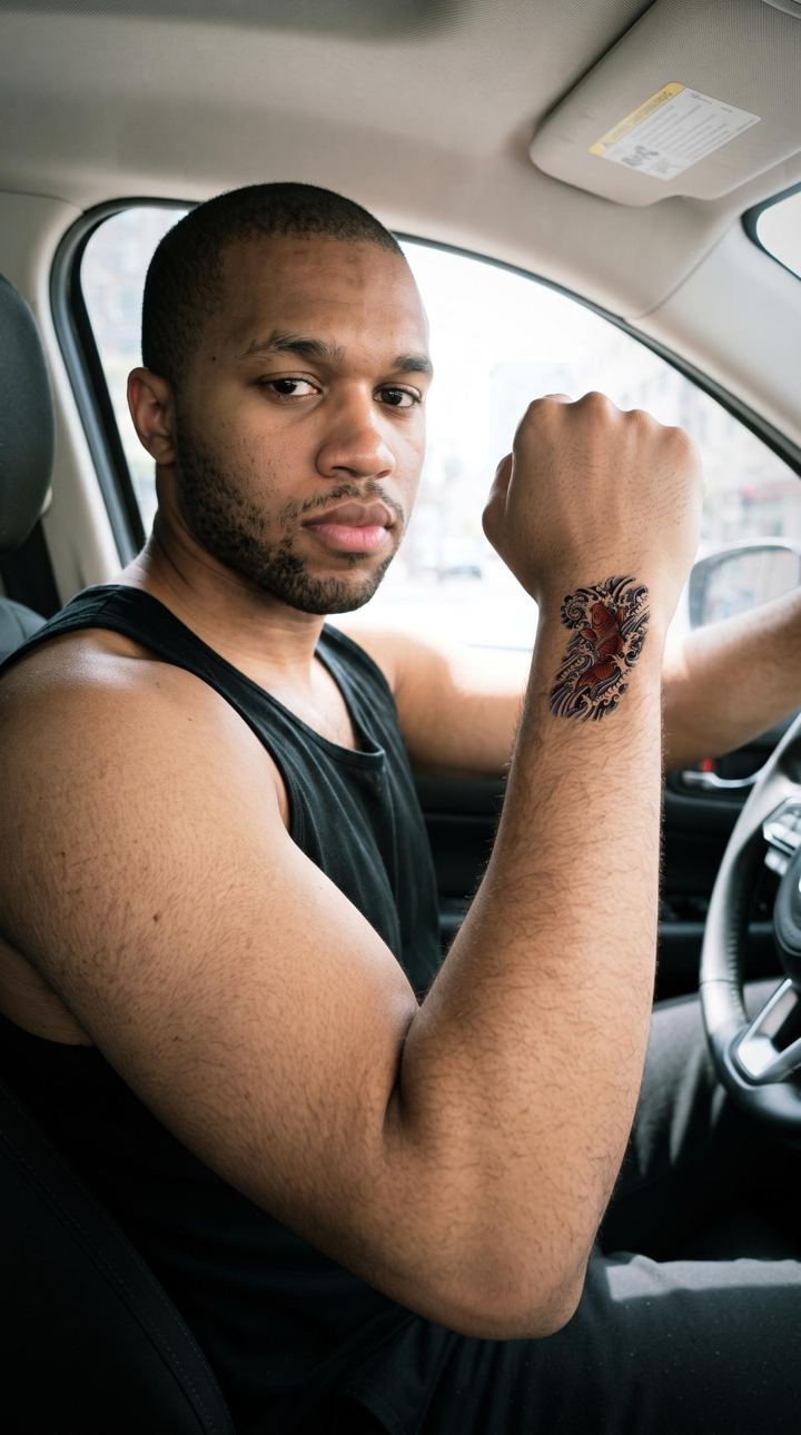 Nachher: Farbiges Motiv am Unterarm, im Auto – KI-generiertes Beispiel – Person und Tattoo sind nicht echt.