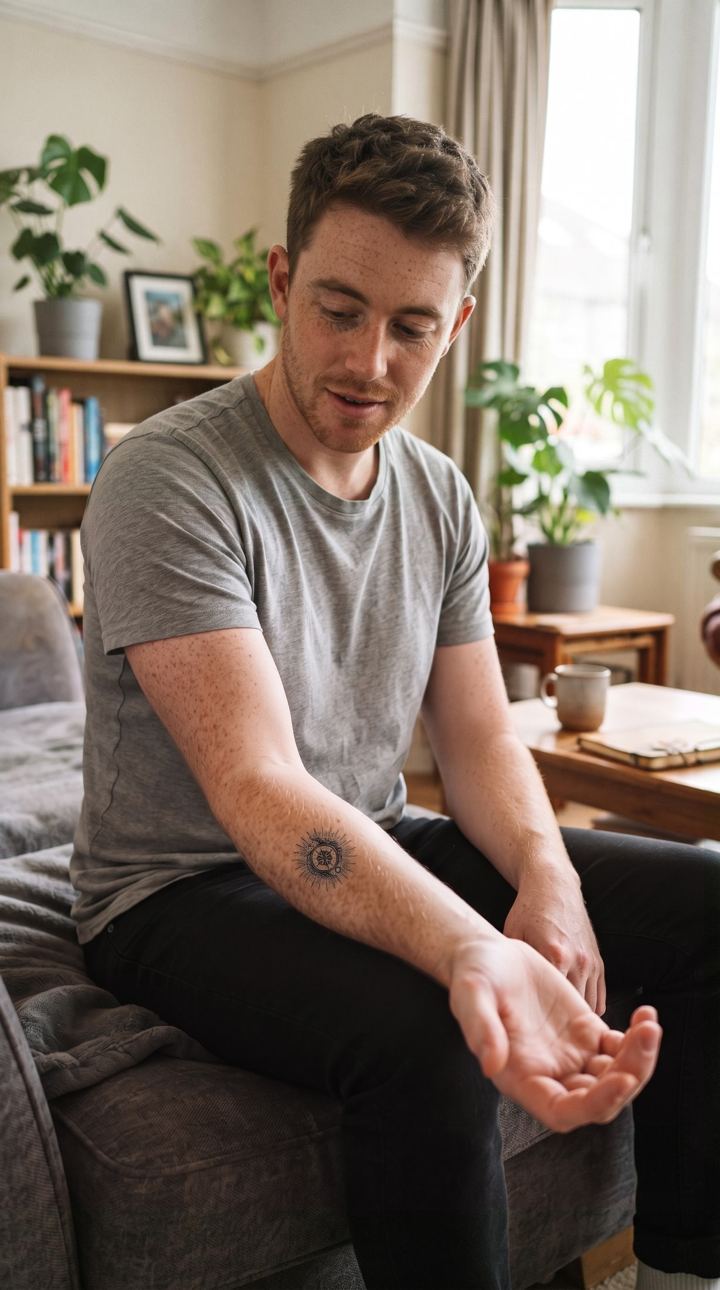 Nachher: Fine-Line-Motiv am Unterarm, Wohnzimmerlicht – KI-generiertes Beispiel – Person und Tattoo sind nicht echt.